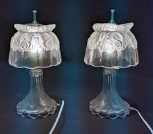 Load image into Gallery viewer, 2 Pressed Glass Floral Rose Pattern Table Lamps - Working