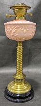 Load image into Gallery viewer, Victorian Banquet Lamp, Embossed Peach Glass, Brass Column English Made