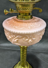 Load image into Gallery viewer, Victorian Banquet Lamp, Embossed Peach Glass, Brass Column English Made