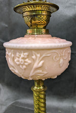 Load image into Gallery viewer, Victorian Banquet Lamp, Embossed Peach Glass, Brass Column English Made