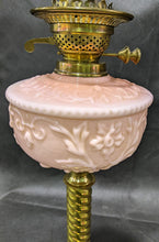 Load image into Gallery viewer, Victorian Banquet Lamp, Embossed Peach Glass, Brass Column English Made