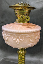 Load image into Gallery viewer, Victorian Banquet Lamp, Embossed Peach Glass, Brass Column English Made