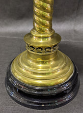 Load image into Gallery viewer, Victorian Banquet Lamp, Embossed Peach Glass, Brass Column English Made