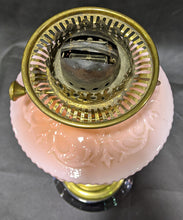 Load image into Gallery viewer, Victorian Banquet Lamp, Embossed Peach Glass, Brass Column English Made