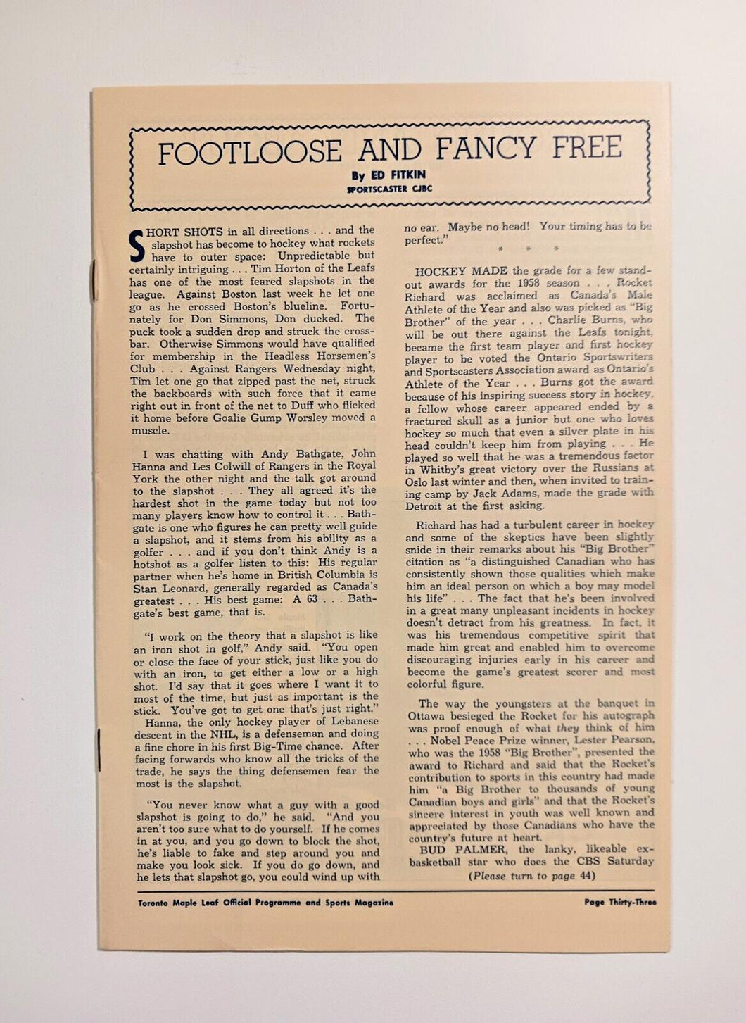 1959 Jan 17, Red Wings at Maple Leaf's Program Insert Pages, Howe Kelly Horton