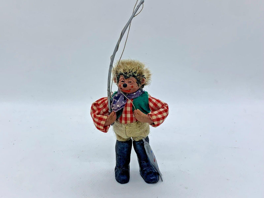 Vintage Steiff Peter Hedgehog Fisherman w/ Rod & Fish 3.5in Figurine RARE
