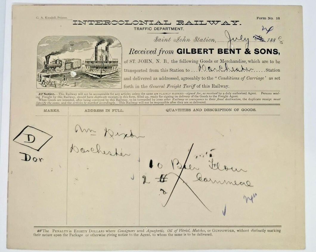 1888 Intercolonial Railway Letter Head From Gilbert Bent & Sons To Manchester