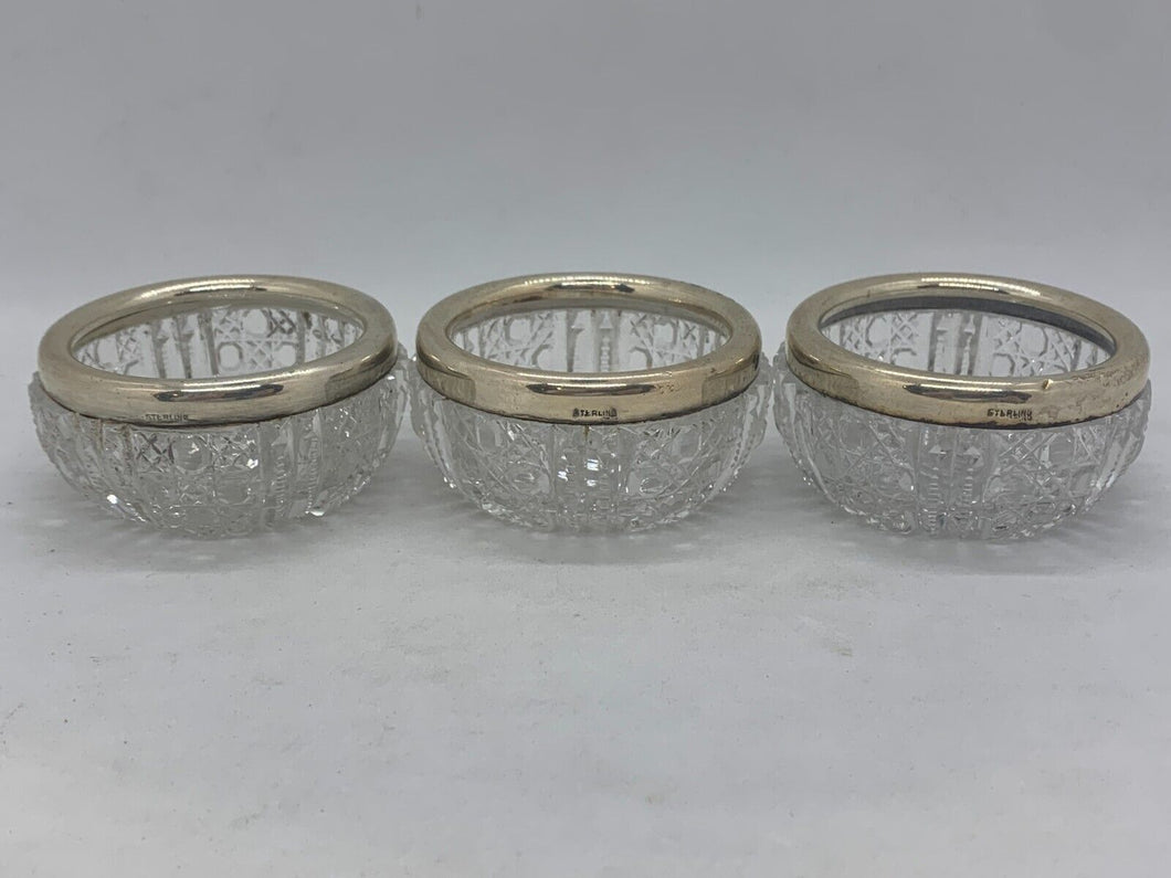Set of 3 - Crystal Glass & Sterling Silver Salt Overlays