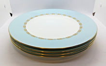 Load image into Gallery viewer, Minton Bone China Blue with Gold Leaves Trim Pattern 10 3/4&quot; Dinner Plate x 4
