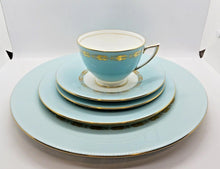 Load image into Gallery viewer, Minton Bone China Blue with Gold Leaves Trim Pattern 5 Piece Place Set x 8, 40pc
