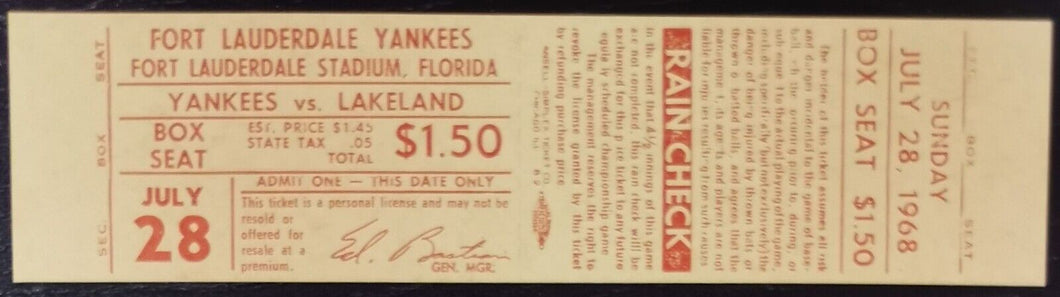 1968 July 28 Yankees Vs. Lakeland Baseball Ticket