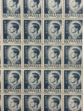 Load image into Gallery viewer, 10x10 Sheet of 1946 Blue Romanian Stamps - Posta Romana (0.50 Lei)
