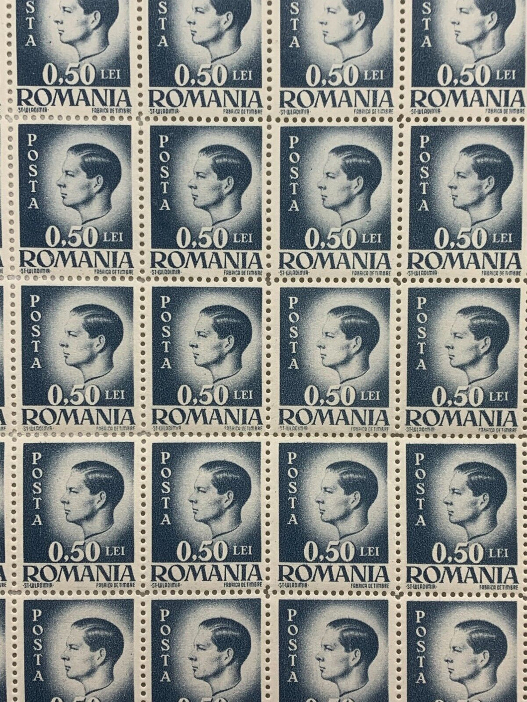 10x10 Sheet of 1946 Blue Romanian Stamps - Posta Romana (0.50 Lei)