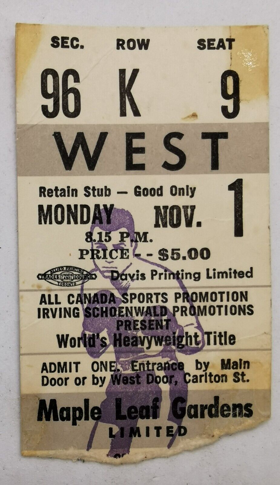 1965 Boxing Ticket Ernie Terrell vs George Chuvalo Champion at Maple Leaf Garden