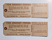 Load image into Gallery viewer, Clay Export Co. Furs Opening Unmailed Dennison Mailing Tag Chicago USA Pair
