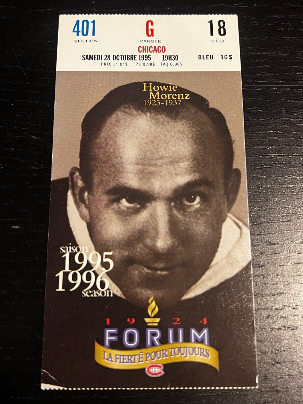 1995 Howie Morenz - NHL Montreal Canadiens Ticket for Final Year at Forum