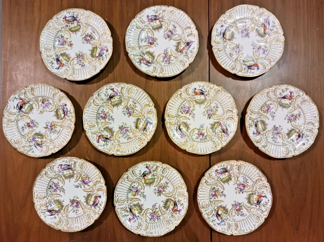 18TH C. Paris Porcelain Vincennes Hand Painted Exotic Bird Set of 10 Plates