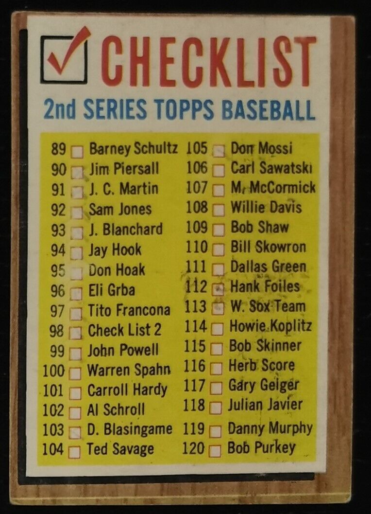 1962 Topps Checklist 2nd Series #98 Baseball Card VG-EX