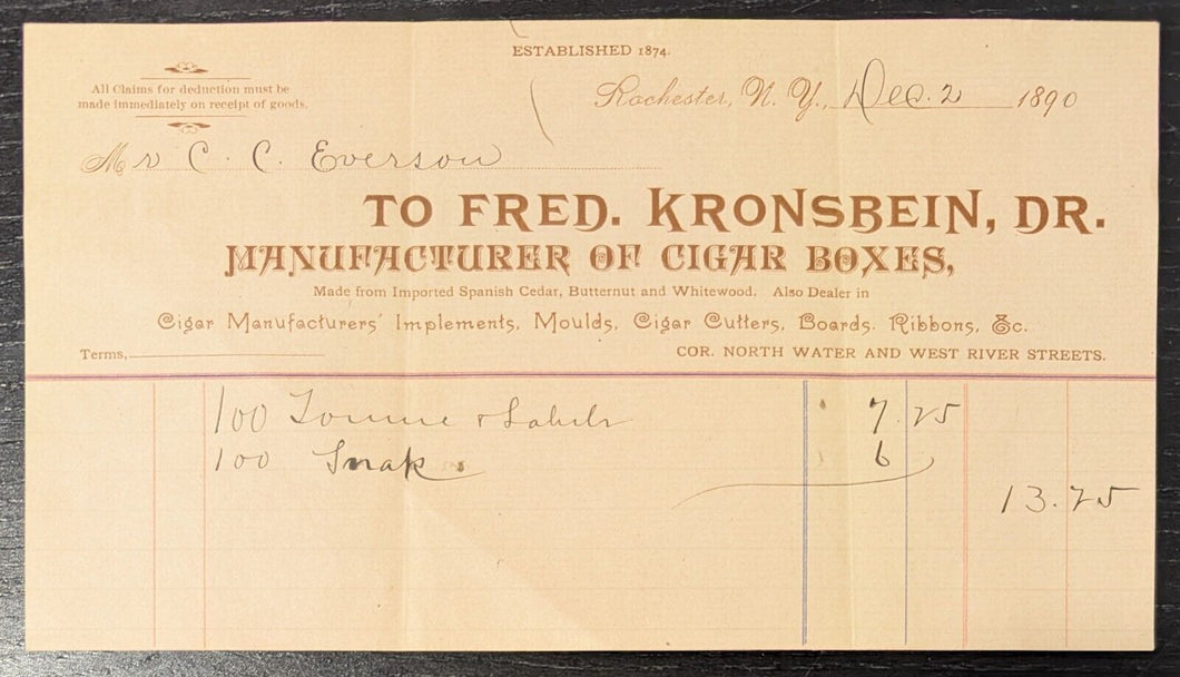 1890 Fred. Kronsbein Cigar Boxes Market Receipt
