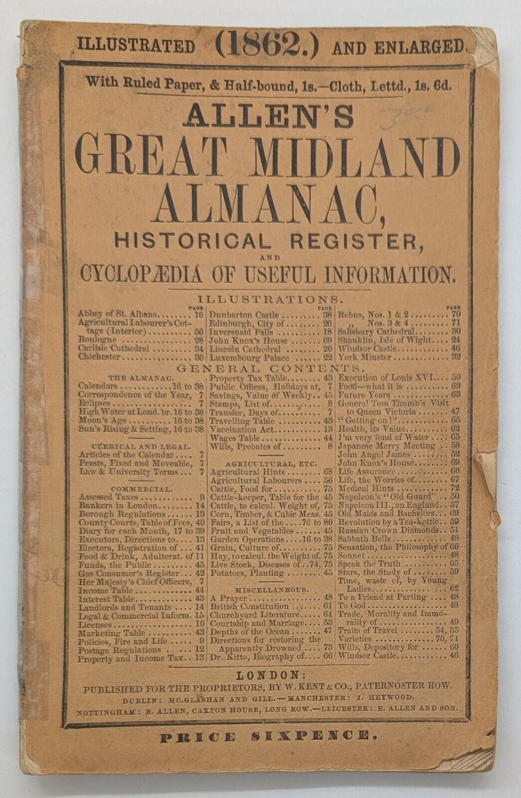 1862 Allen's Great Midland Almanac Cyclopedia Booklet