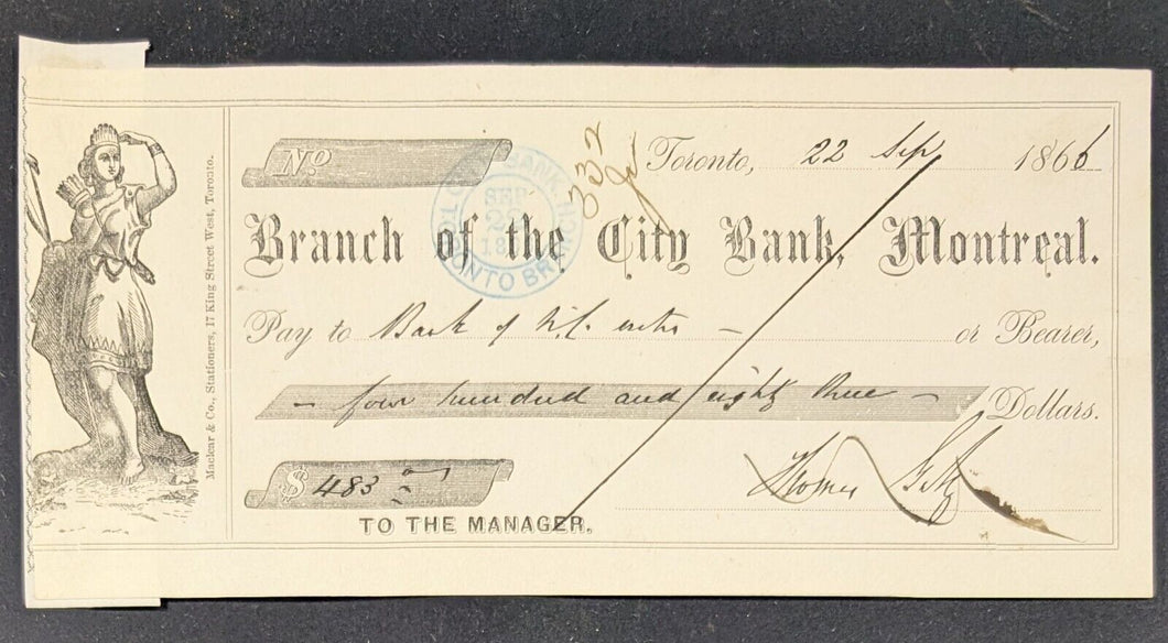 Thomas Galt Ghief Justice Of Ontario Signed  From City Bank Montreal In Toronto