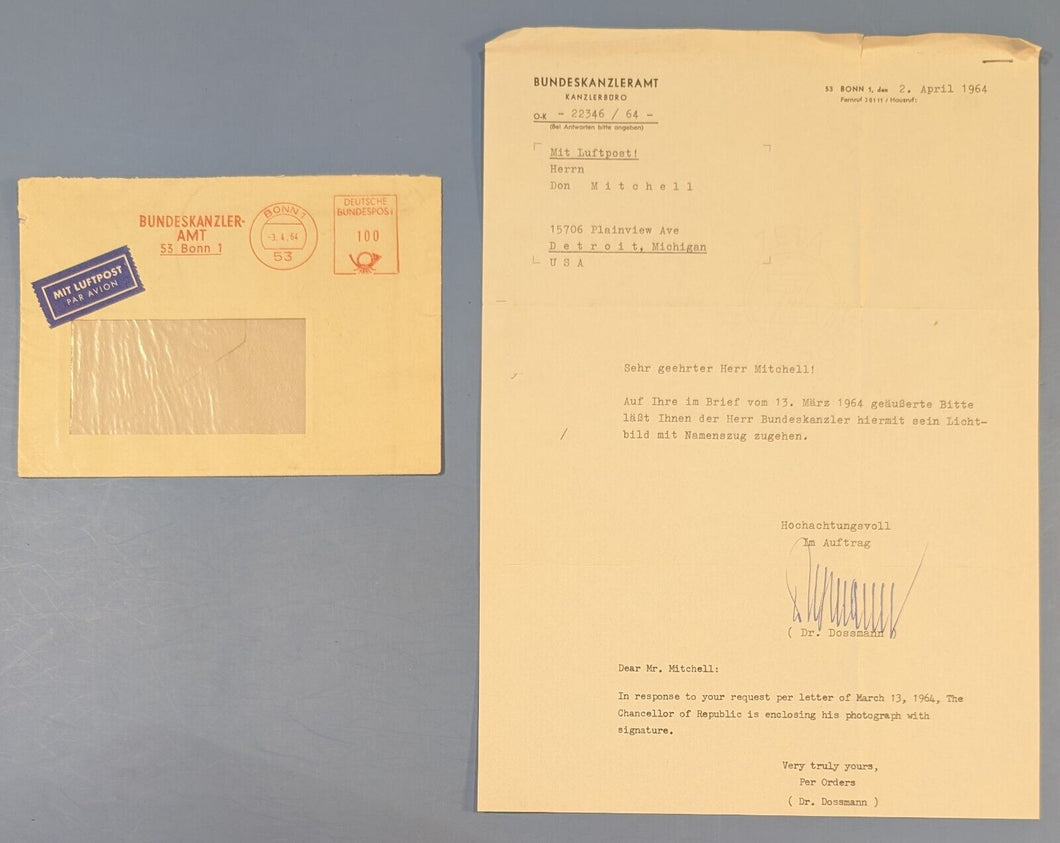 1964 German Bundeskanzleramt TLS Signed Letter + Envelope to USA Dr. Dossmann