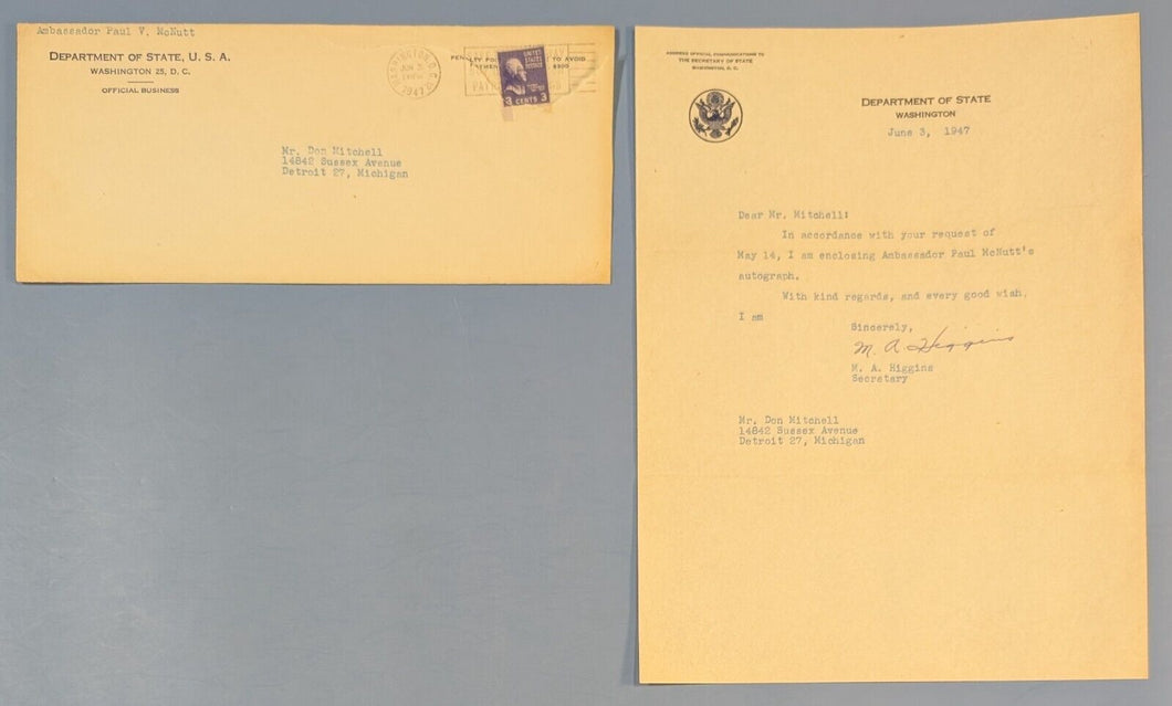 1947 Dept of State Letter + Env Re: Paul V. McNutt- Signed by M. A. Higgine
