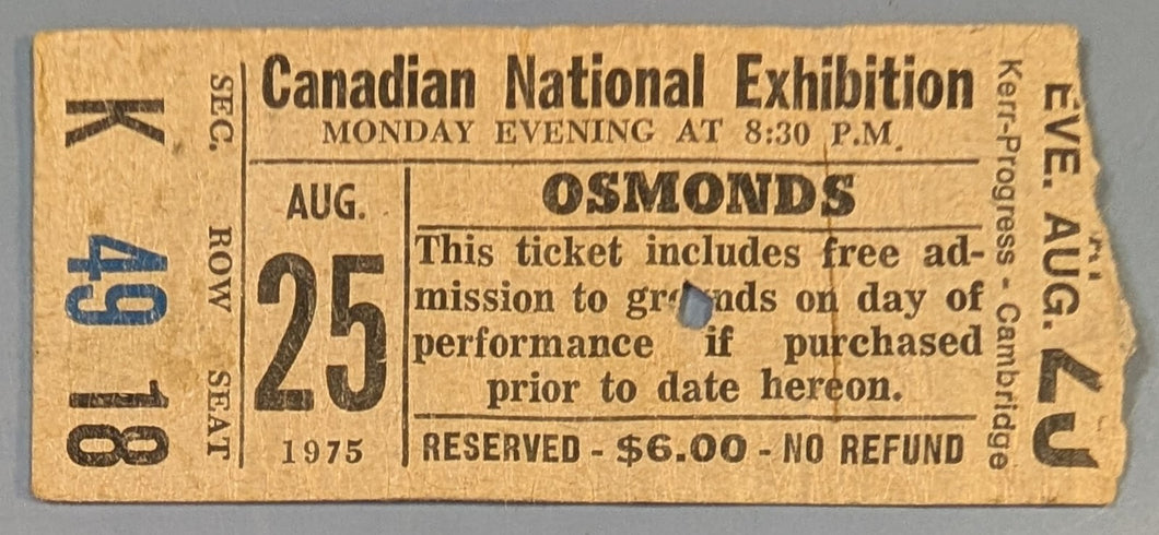 1970's CNE Osmonds Concert Ticket Stub Toronto