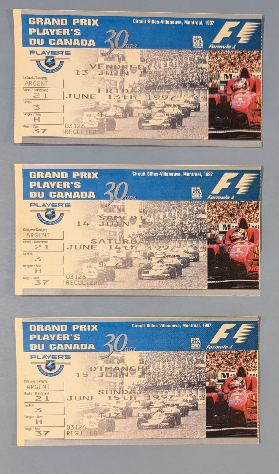 Set of 3 - 1997 F1 Grand Prix Player's du Canada Montreal Tickets June 13-15