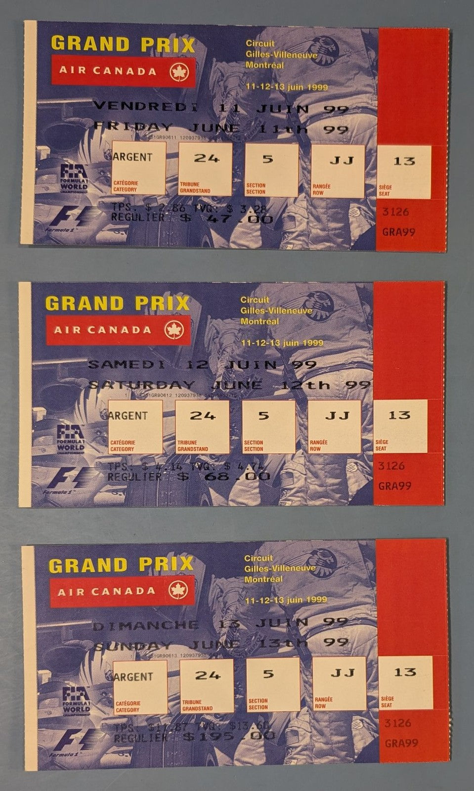 1999 Grand Prix Air Canada Montreal F1 Ticket Stubs - Friday, Saturday, Sunday