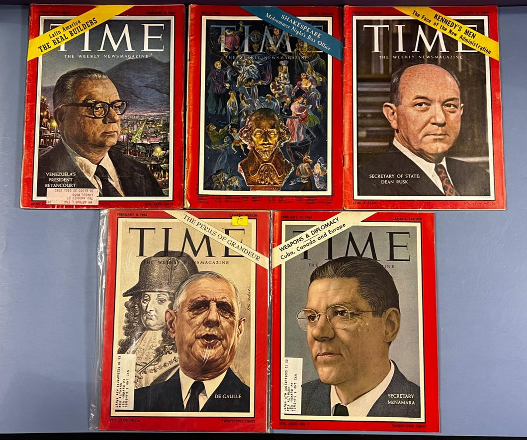 Lot of 5 Vintage TIME Magazines 1961-1963: Rusk, Betancourt, De Gaulle