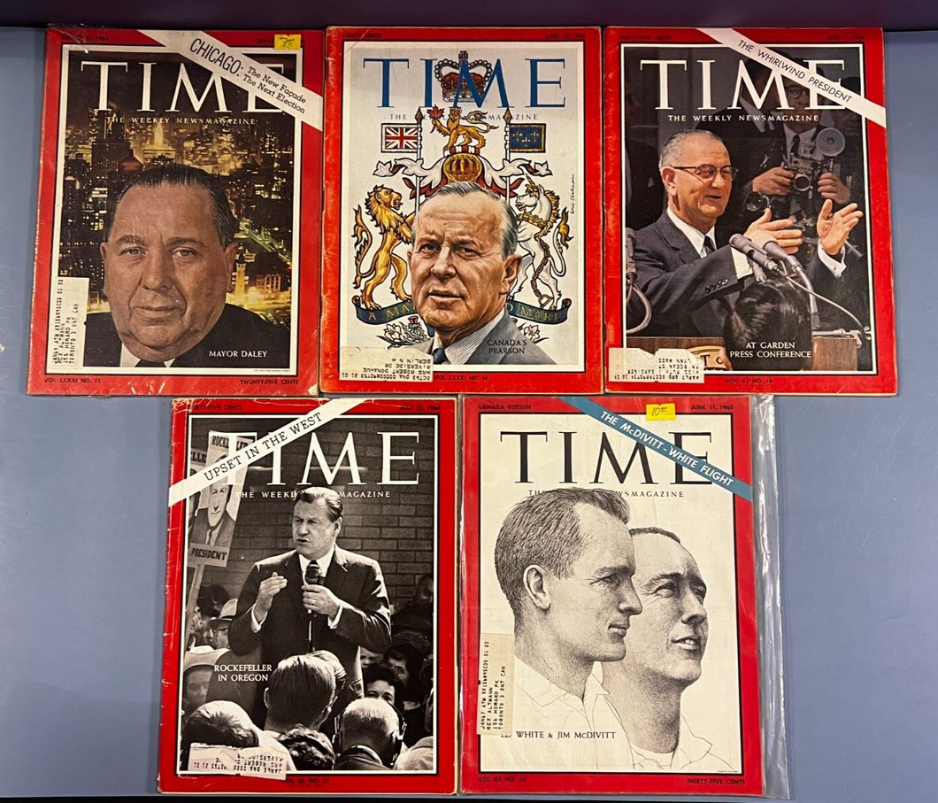 Lot of 5 Vintage TIME Magazines 1963-1965 Daley Pearson LBJ Rockefeller