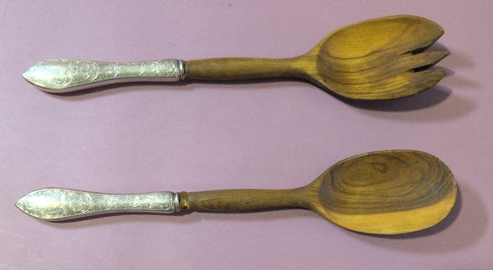 Birks Wood Salad Serving Set Spoon & Fork Ornate Sterling Silver Handles