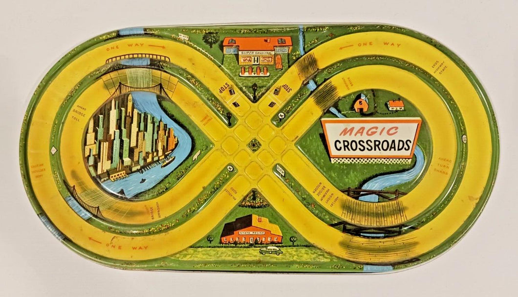 Vintage 1930s AUTOMATIC TOY CO MAGIC CROSSROADS Tin Toy Racetrack 18 1/2