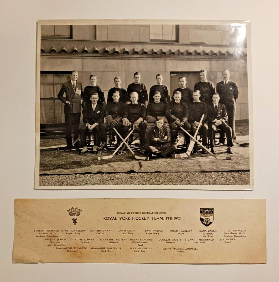 1931-32 Royal York CPR Canadian Pacific Hockey Team, Real Photo w/ Member's List