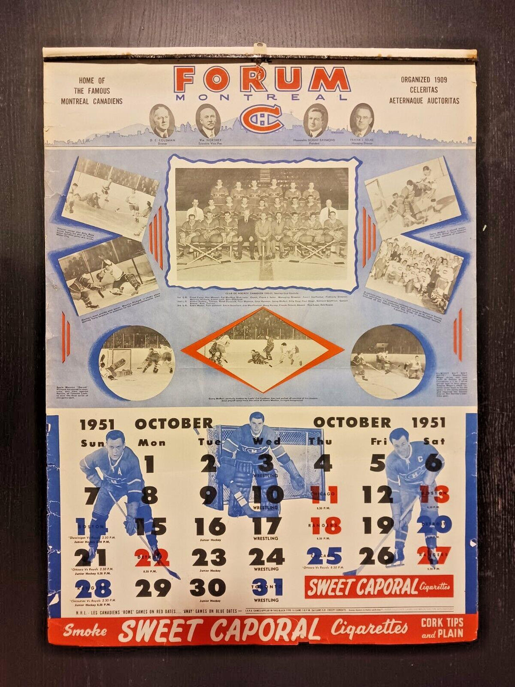 1951-52 Montreal Canadiens Forum Sweet Caporal Hockey Calendar Complete