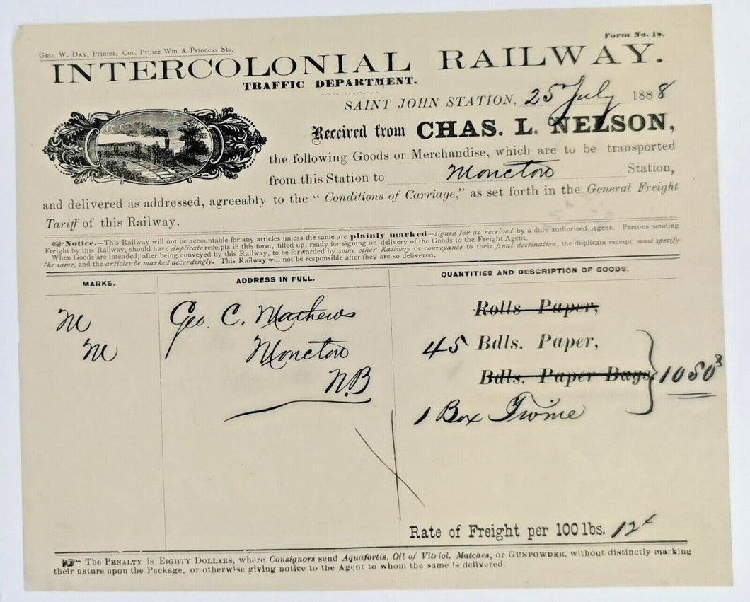 1888 Intercolonial Railway Letter Head From Chas. L. Nelson to Monetno Rare