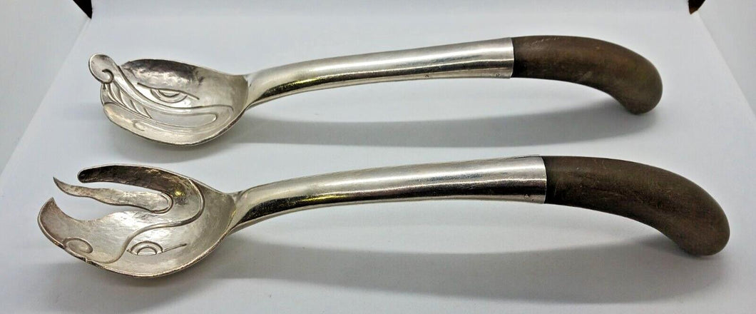 1950s Antonio Pineda Salad Tosser Set Silver w/ wooden handles, Mexico 12 1/4
