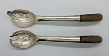 Load image into Gallery viewer, 1950s Antonio Pineda Salad Tosser Set Silver w/ wooden handles, Mexico 12 1/4&quot;
