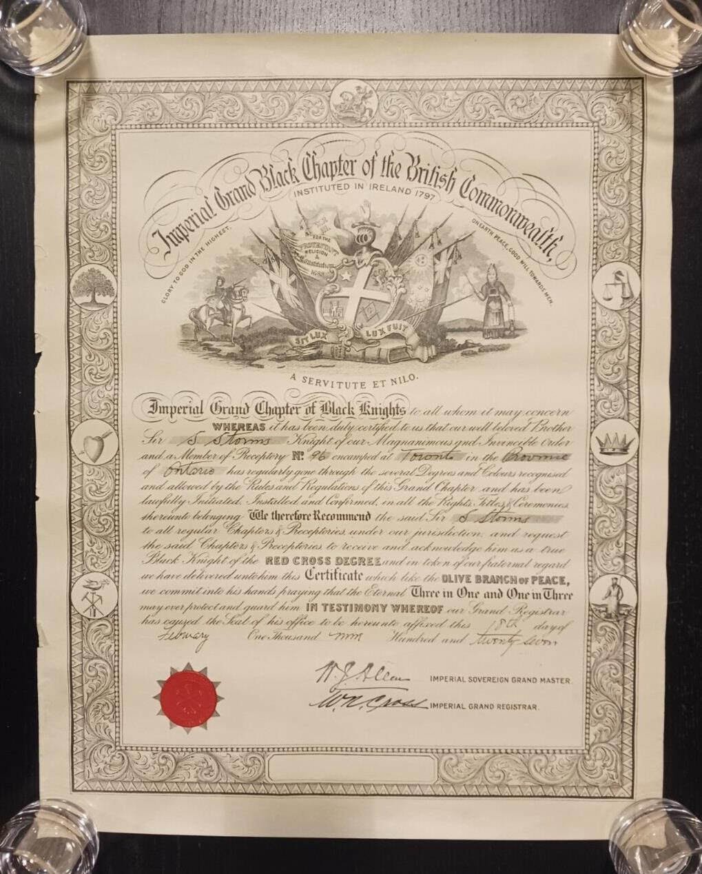 Imperial Grand Black Chapter of the British Commonwealth Certificate No. 96 1927