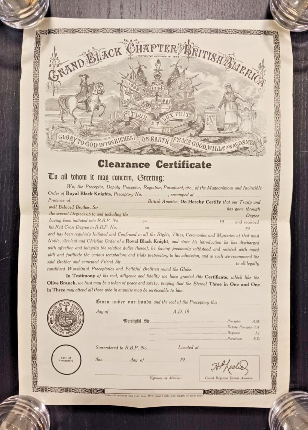 1874 Grand Black Chapter British America Clearance Certificate Blank