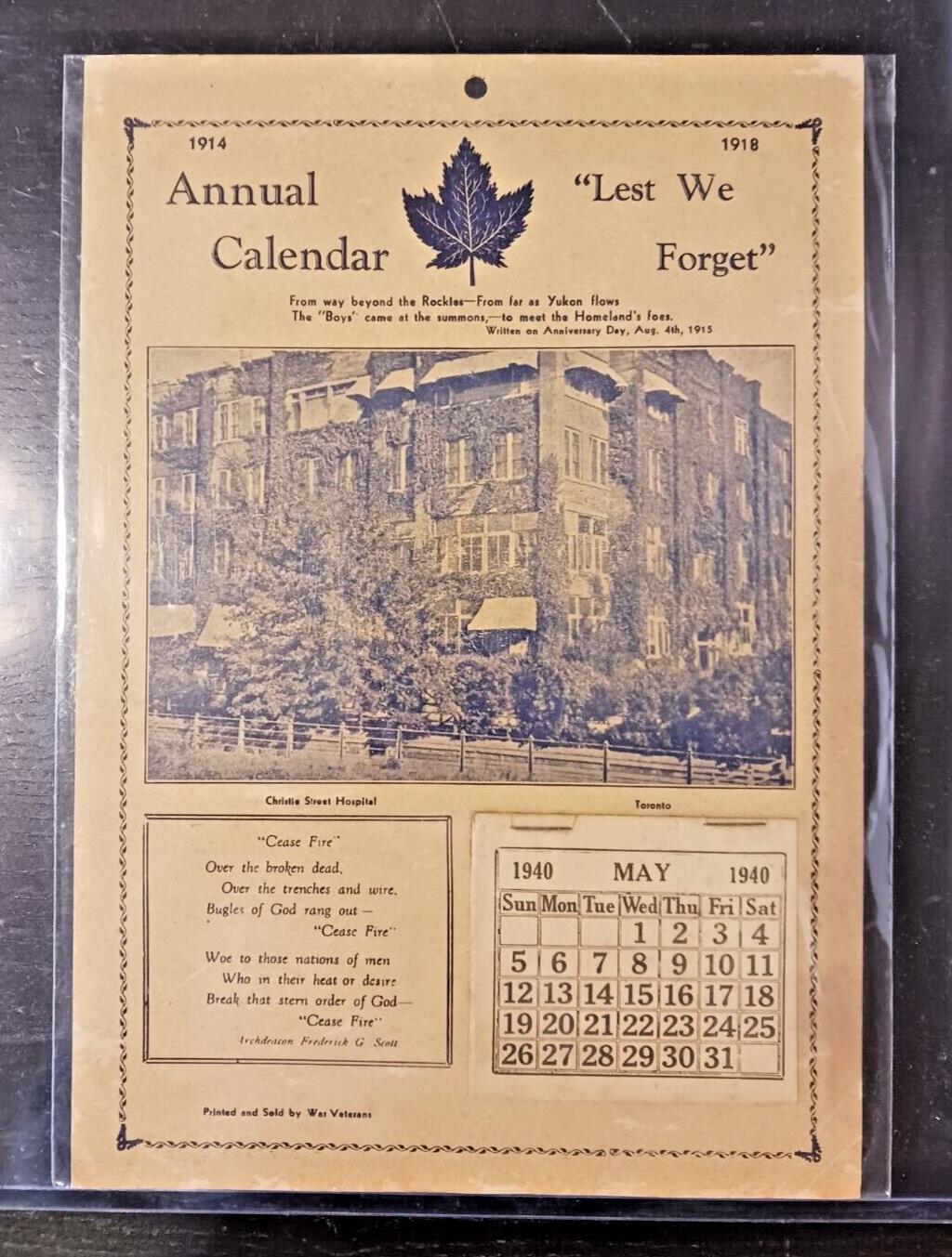 1940 War Veterans Calendar 1914-1918 8 1/2