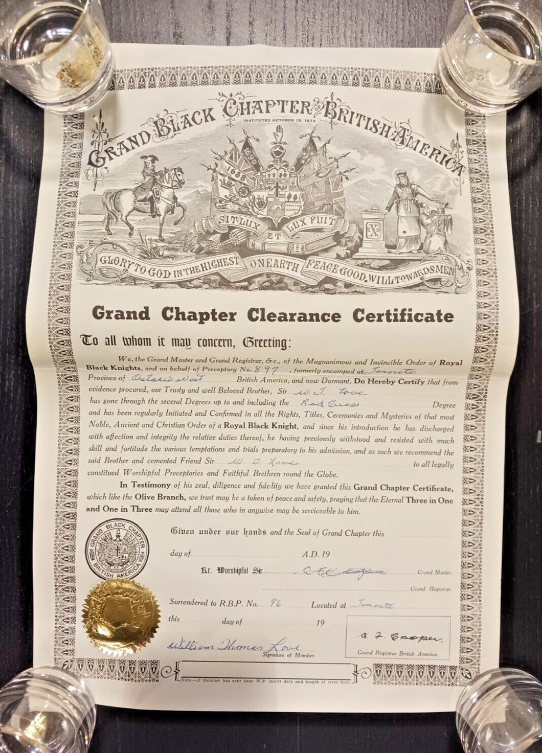 Grand Black Chapter British America Clearance Certificate No.897
