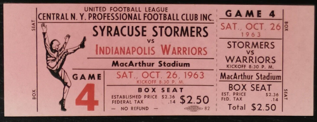 1963 Syracuse Stormers Vs. Indianapolis Warriors United Football Game 4 Ticket