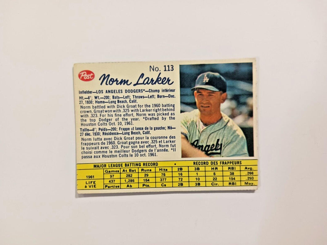 1962 Post Canada Norm Larker #113 Baseball Card B Brown Back