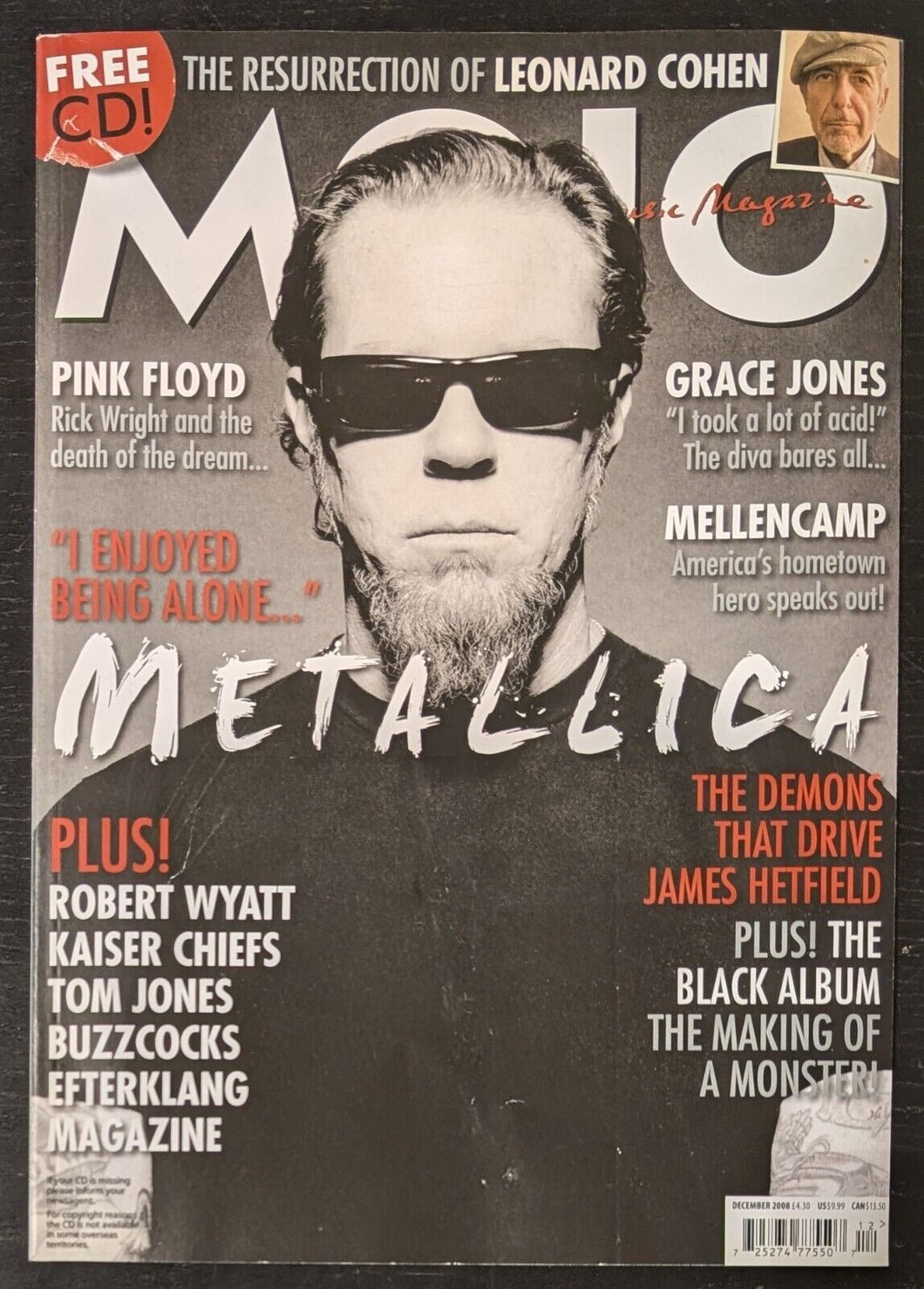 Mojo Mag Dec. 2008 Metallica, Leonard Cohen, Pink Floyd, Mellencamp, Grace Jones