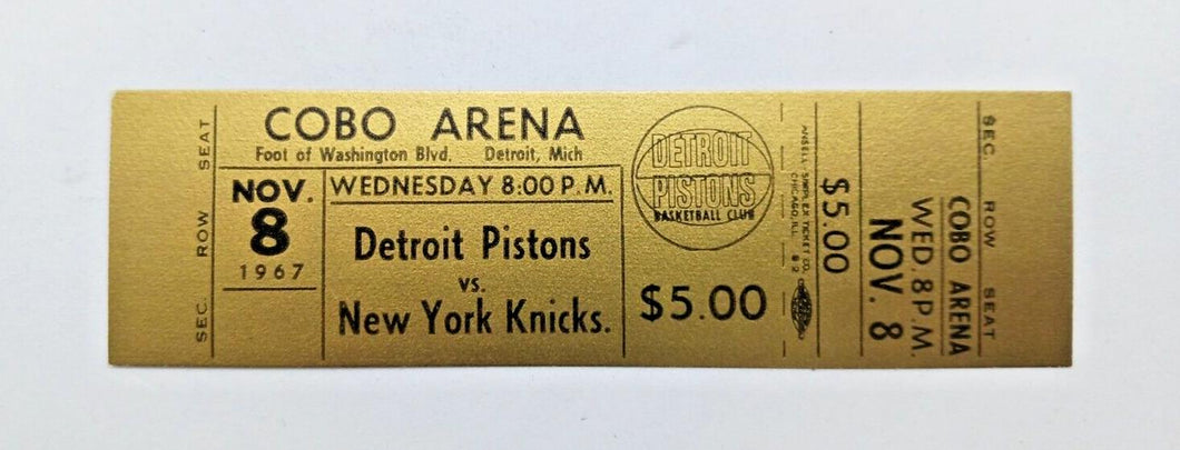 1967 Detroit Pistons vs New York Knicks, Cobo Arena Basketball Full Ticket Proof