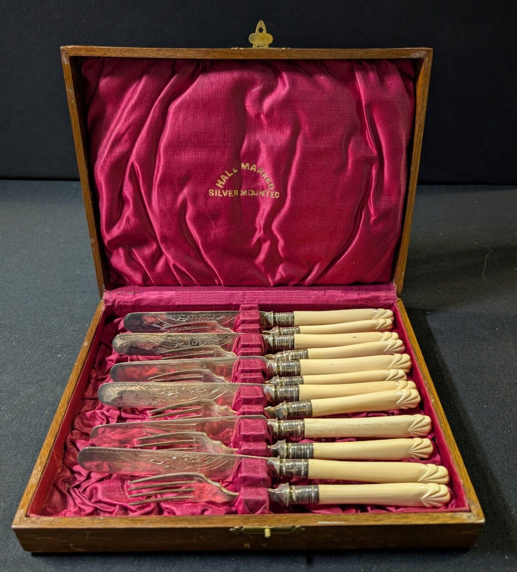 Victorian Silver Plate with Marked Sliver Mounted Forks and Knives Set in Box
