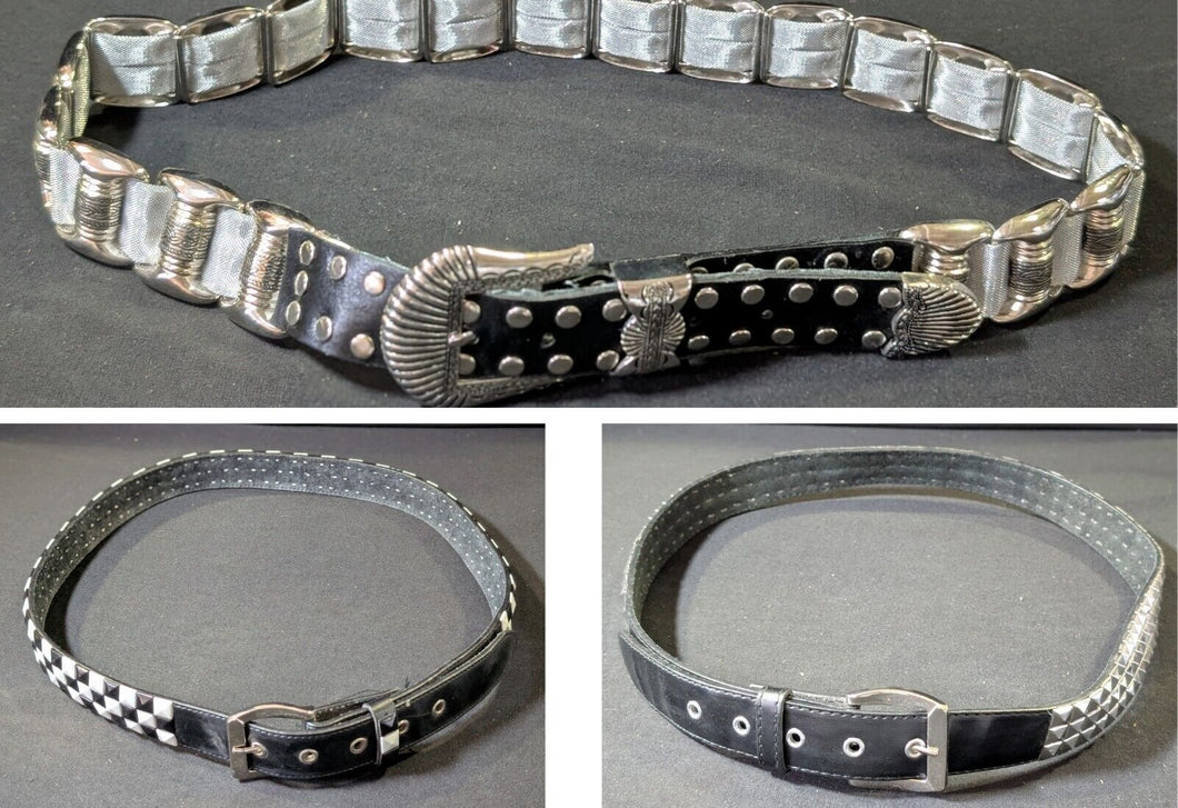 1980’s Rocker Style Silver Tone Black Leather Belt Lot of 3