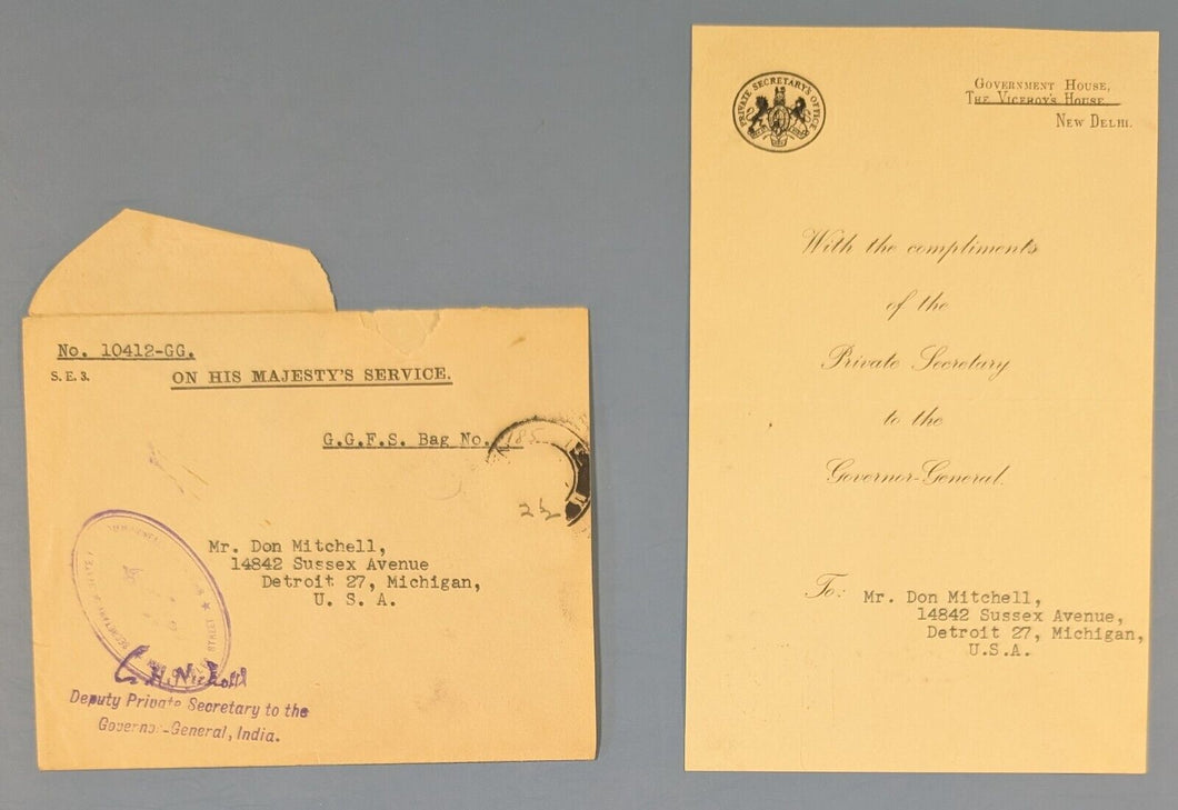 India Governor-General Compliment Card + Viceroy’s House Envelope British 1940